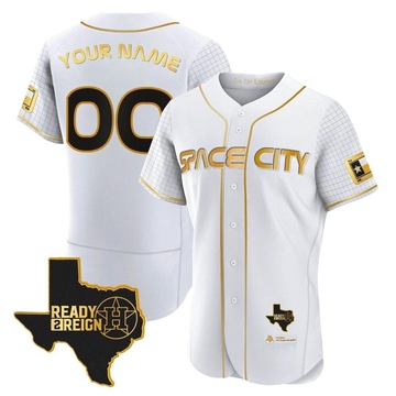 Custom Men's Authentic Houston Astros White/Gold 2023 Space City Ready 2 Reign Flex Base Jersey