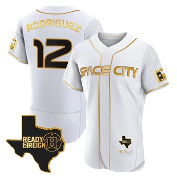 Ivan Rodriguez Men's Authentic Houston Astros White/Gold 2023 Space City Ready 2 Reign Flex Base Jersey