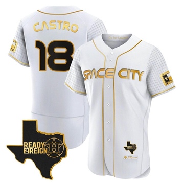 Jason Castro Men's Authentic Houston Astros White/Gold 2023 Space City Ready 2 Reign Flex Base Jersey