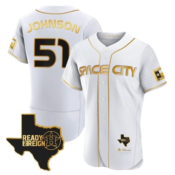 Randy Johnson Men's Authentic Houston Astros White/Gold 2023 Space City Ready 2 Reign Flex Base Jersey